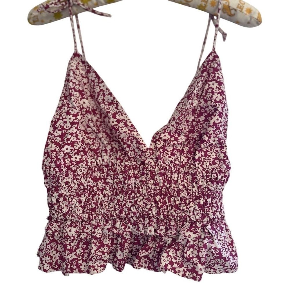 Sim & Sam Floral Smocked Crop Top Burgundy White Tie Strap Ruffle Hem Medium New